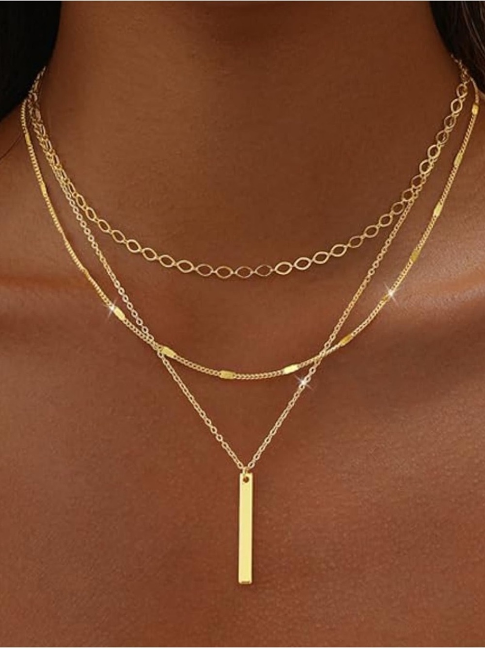 14K Gold Plated Layered Bar Pendant Necklace Set